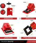 Breaker Lockout Tagout Kit For Electrical Safety, OSHA Compliant With 25 Lockout Devices, Hasps, Tags And Keyed Different Locks, 120/277V To 480/600V, Pro Grade Worksite Ready Carry Bag Included And 2 Keys Each shown with clamp-on circuit breaker lockouts and dimensions.