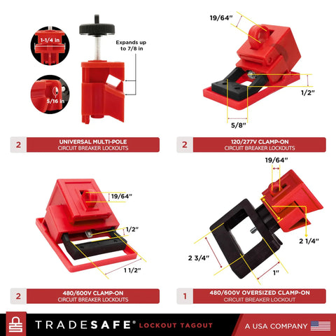 Breaker Lockout Tagout Kit For Electrical Safety, OSHA Compliant With 25 Lockout Devices, Hasps, Tags And Keyed Different Locks, 120/277V To 480/600V, Pro Grade Worksite Ready Carry Bag Included And 2 Keys Each shown with clamp-on circuit breaker lockouts and dimensions.