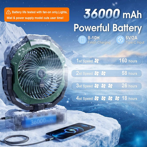 Beast Portable Misting Fan With 36000mAh Battery shown on icy surface with charging phone