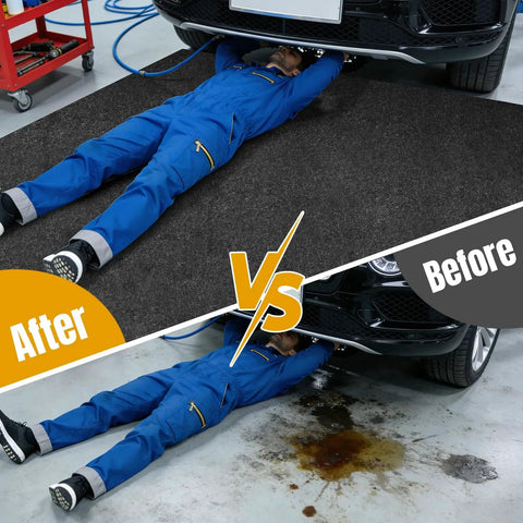 Comparison image showing Extra Large Garage Floor Mat Heavy Duty Oil Absorbent Parking Mat With Waterproof Non Slip Backing in use.