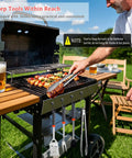 Man using All In One Grill Tools Set With 4 In 1 Spatula, Tongs, Fork, Silicone Brush, Six Reusable Skewers, Hooks And Apron Storage Bag