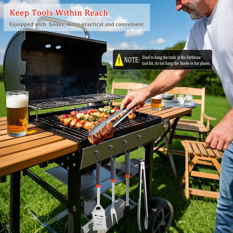 Man using All In One Grill Tools Set With 4 In 1 Spatula, Tongs, Fork, Silicone Brush, Six Reusable Skewers, Hooks And Apron Storage Bag