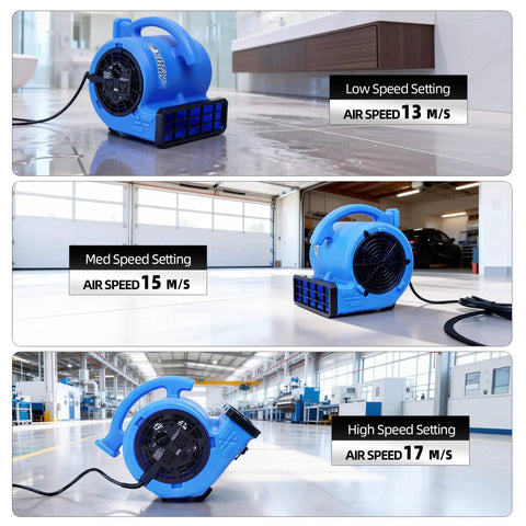Heavy-Duty 1/4 HP 1000 CFM Air Mover Blower Fan at low, medium, and high speed settings for carpet drying and ventilation