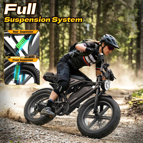 City Cruise Fat Tire Electric Bike With Badass 48V 15Ah Removable Battery And Killer 750W Boost Motor Rolled For Downtown Streets And Gnarly Weekend Trails Built Heavy Duty riding on a trail, showcasing front and rear suspension.