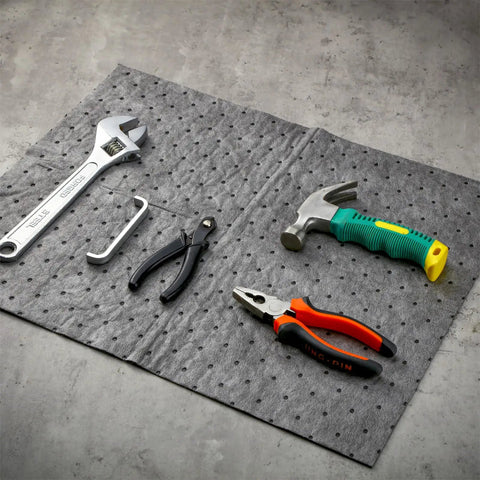 Heavy Duty Oil Absorbent Pads For Garage And Home Use, Dimpled Water And Oil Spill Mat With Tools on Surface, 9.8 By 13 Inches, Gray