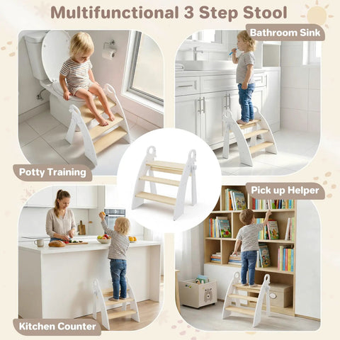 Kid Approved Step Stool For Toddlers And Kids With Adorable Elephant Handles Foldable bathroom aid with three steps for kids.