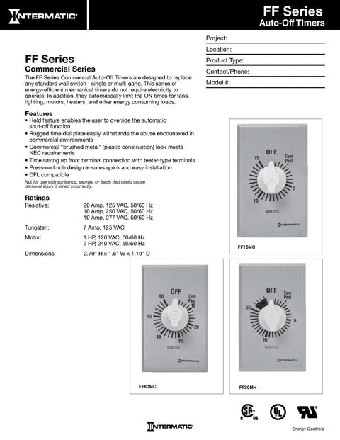 Five Minute Spring Loaded Wall Timer SPST No Hold For Easy Energy Savings No Power Needed Universal Compatibility Replaces Standard Wall Switches Automatic Mechanical Timer Brushed Metal Finish shown in commercial series brochure.