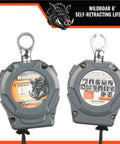 Heavy Duty Six Foot Dual Self Retracting Lifeline With Steel Snap Hook For Construction Fall Protection Harness Tie Off Badass Osha Ansi Certified Built Like A Tank, showing front and back views.