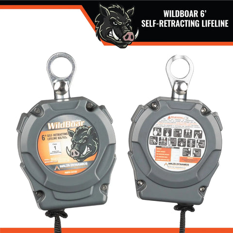 Heavy Duty Six Foot Dual Self Retracting Lifeline With Steel Snap Hook For Construction Fall Protection Harness Tie Off Badass Osha Ansi Certified Built Like A Tank, showing front and back views.