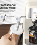 Level Up Your Daily Coffee Grind With This Top Shelf Compact Espresso Machine showing professional steam wand frothing milk.