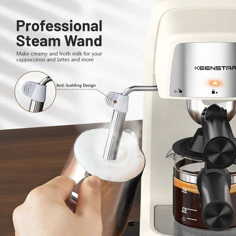 Level Up Your Daily Coffee Grind With This Top Shelf Compact Espresso Machine showing professional steam wand frothing milk.
