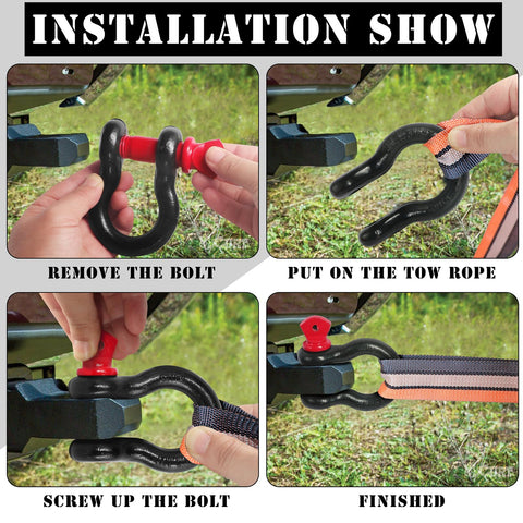 Installation steps for Two Pack 1/2 Inch D Ring Shackles With 5/8 Inch Screw Pins For Tow Straps, Winches, And Off Road Recovery.