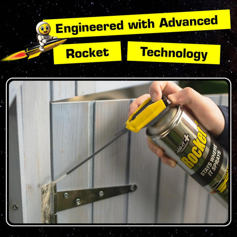 Person spraying All-In-One Multi-Purpose Lubricant Spray For Rusted Bolts, Tools, Bikes And Garden Gear on a metal hinge