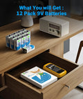 Hella Long Lasting 9V Alkaline Batteries 12 Pack Priced Right For Smoke Detectors Wireless Mice Remote Controls And Smart Home Gear on a wooden table.