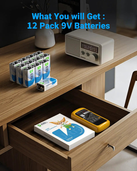 Hella Long Lasting 9V Alkaline Batteries 12 Pack Priced Right For Smoke Detectors Wireless Mice Remote Controls And Smart Home Gear on a wooden table.
