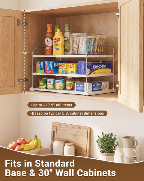 Heavy Duty Expandable Three Tier Kitchen Cabinet Organizer And Pantry Shelf Rack for Plastic Wrap and Snack Boxes in cabinet.