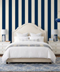 Dope Navy Blue And Cream Vertical Stripe Peel And Stick Wallpaper Roll Premium Thick Removable Vinyl Wall Covering For Modern Home Decor Rental Friendly Snag Now in a stylish bedroom.