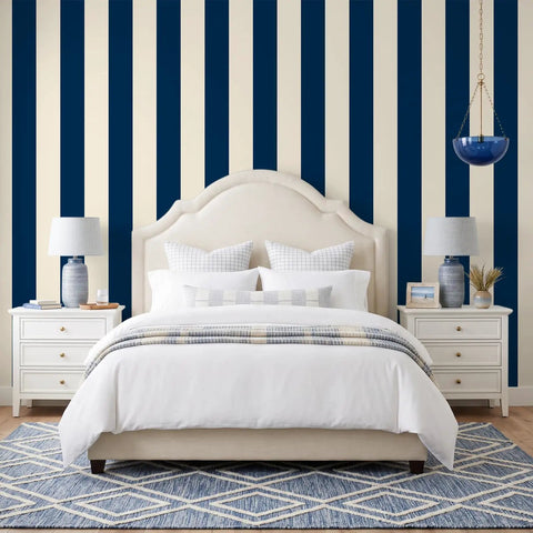 Dope Navy Blue And Cream Vertical Stripe Peel And Stick Wallpaper Roll Premium Thick Removable Vinyl Wall Covering For Modern Home Decor Rental Friendly Snag Now in a stylish bedroom.