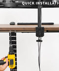Under desk Cable Management Kit with Adjustable Quad Entry Cord Organizer Installation using drill, visible black cord strip