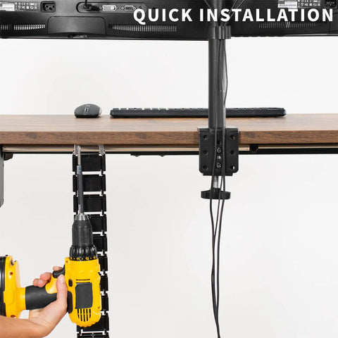 Under desk Cable Management Kit with Adjustable Quad Entry Cord Organizer Installation using drill, visible black cord strip