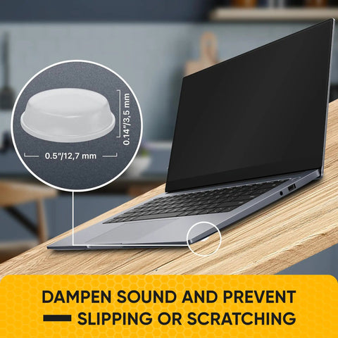 64 Clear Self Adhesive Rubber Cabinet Bumpers Silence Kitchen Drawer Slams With Zero Drama While Shielding Counters From Hella Scratches And Door Bangs Today, showing size and use on laptop.