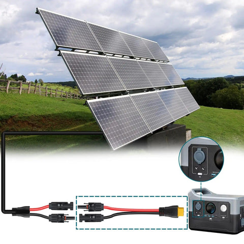 MC4 To XT60 Solar Extension Cable 2Ft 10AWG Pro Grade Copper Core Charge Lead shown with solar panels and power station