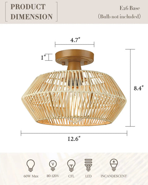 Product dimension of Handmade Rattan Ceiling Light Fixture With Woven Shade Boho Style Semi Flush Mount 13 Inch Ceiling Lamp