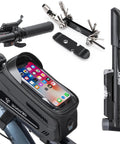 Bike Phone Mount Bag With 120 PSI Tire Pump And 14 In 1 Multitool Tire Lever All In One Trailside Repair Kit for maintenance