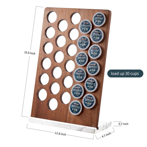 K Cup Coffee Pod Holder And Organizer With Acacia Wood Storage Rack And Weighted White Marble Base, 30 Pod Capacity Stand