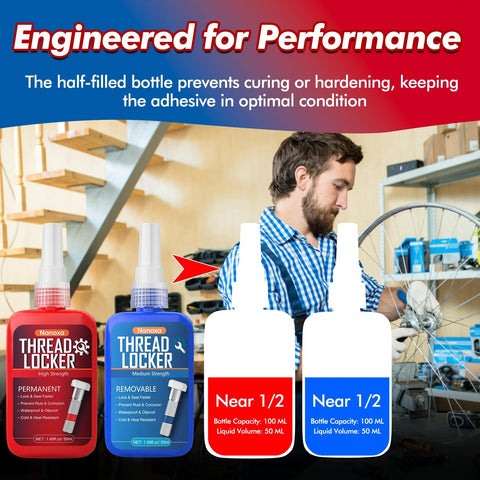 Nanoxa thread locker set with red permanent and blue removable bottles, 50 ml each