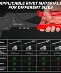 All In One 360 Degree Swivel Head Pop Rivet Gun Kit With 120 Blind Rivets Heavy Duty Hand Rivet Tool shown with size chart