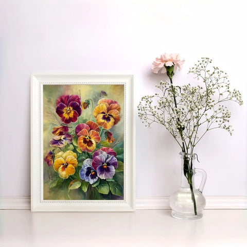 Flower Diamond Art Kit For Adults 5D Diamond Painting Set For Beginners with framed floral artwork and vase on a table