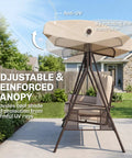 Three Seat Patio Swing Chair With Adjustable Canopy Cozy Outdoor Porch Swing Glider With removable cushions in backyard