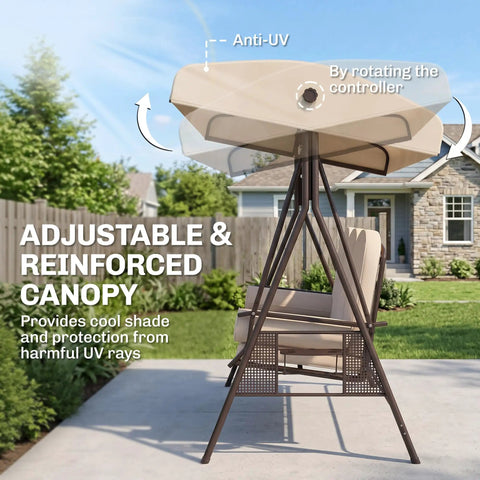 Three Seat Patio Swing Chair With Adjustable Canopy Cozy Outdoor Porch Swing Glider With removable cushions in backyard