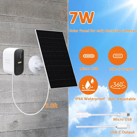 7W USB C Solar Panel Charger For EufyCam 2 Series And Other 5V Security Cams mounted outdoors with USB-C and micro USB connectors