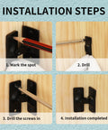 Installation steps for Compact 90 Degree Flip Latch Gate Security Lock With Matte Black Finish showing drilling on wood.