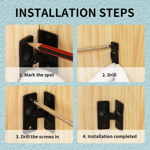 Installation steps for Compact 90 Degree Flip Latch Gate Security Lock With Matte Black Finish showing drilling on wood.