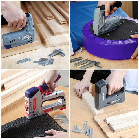 Heavy Duty Galvanized T50 Staples And 18 Gauge Brad Nails 7500 Count Bulk Packs used in various woodworking projects with pneumatic tools.
