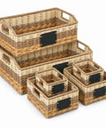 Six Premium Handcrafted Wicker Pantry Baskets And Closet Storage Organizers With Matched Chalkboard Labels For Kitchen Decluttering set of various sizes.