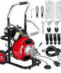 Heavy Duty 75 Ft Electric Drain Snake Auger Workhorse with 3 8 Inch Cable and Foot Switch, accessories included.