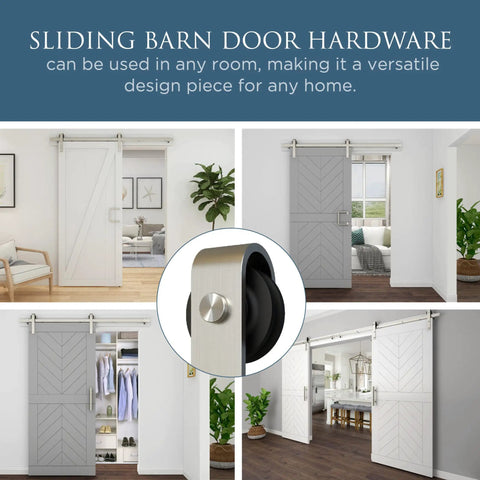 Classic Interior Sliding Barn Door Kit With Two Piece Track 72 Inch Satin Nickel Finish shuttered in various room designs.