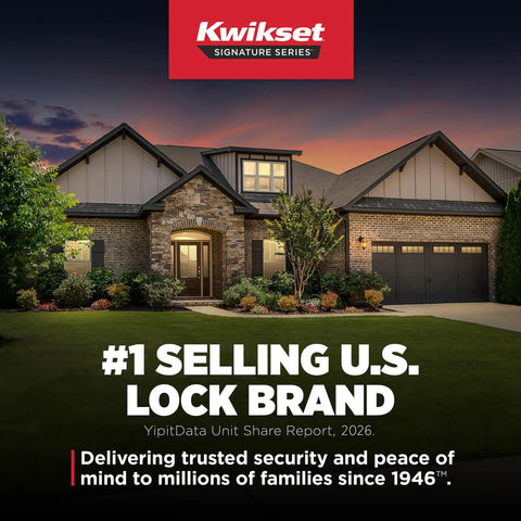 Kwikset signature series ad featuring a stone house at sunset with the text '#1 Selling U.S. Lock Brand' in bold.