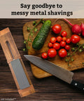 Sink Mounted Whetstone Holder For Easy Knife Sharpening No Mess Over The Sink, Warm Acacia Wood Design beside vegetables and knife