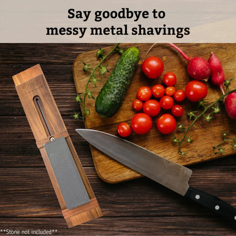 Sink Mounted Whetstone Holder For Easy Knife Sharpening No Mess Over The Sink, Warm Acacia Wood Design beside vegetables and knife