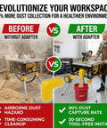 Table Saw Dust Collection Adapter For Miter Saws And Table Saws Tool Free Snap On Dust Port Built In Bag Hook Universal 2 Inch Port Easy Install Keeps Your Shop Clean And Dust Free before and after use comparison