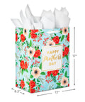 Extra Large Mothers Day Gift Bag With Tissue Paper In Bright Blue Featuring Red Roses And Green Foliage Perfect For Mom Grandma Nana Or New Mom Great For Electronics Or Small Appliances And Big Treats. Measures 13x17x8.2 inches with white tissue paper.