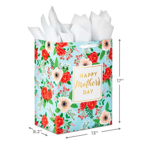 Extra Large Mothers Day Gift Bag With Tissue Paper In Bright Blue Featuring Red Roses And Green Foliage Perfect For Mom Grandma Nana Or New Mom Great For Electronics Or Small Appliances And Big Treats. Measures 13x17x8.2 inches with white tissue paper.