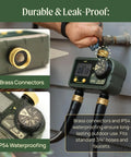 Two Zone Sprinkler Timer With Brass Inlet for dual channel garden hose, showing brass connectors and IP54 waterproof design.