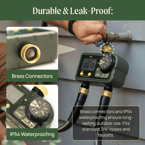 Two Zone Sprinkler Timer With Brass Inlet for dual channel garden hose, showing brass connectors and IP54 waterproof design.