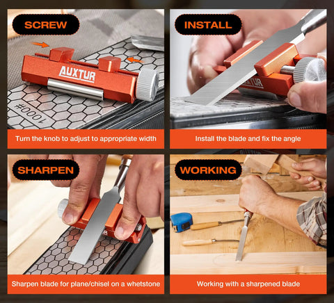 Heavy Duty Chisel Sharpener Jig With Integrated Whetstone And Adjustable Honing Guide For Woodworking Blades to dial in crisp bevels and keep edges super fresh every damn time in use with blade installation.